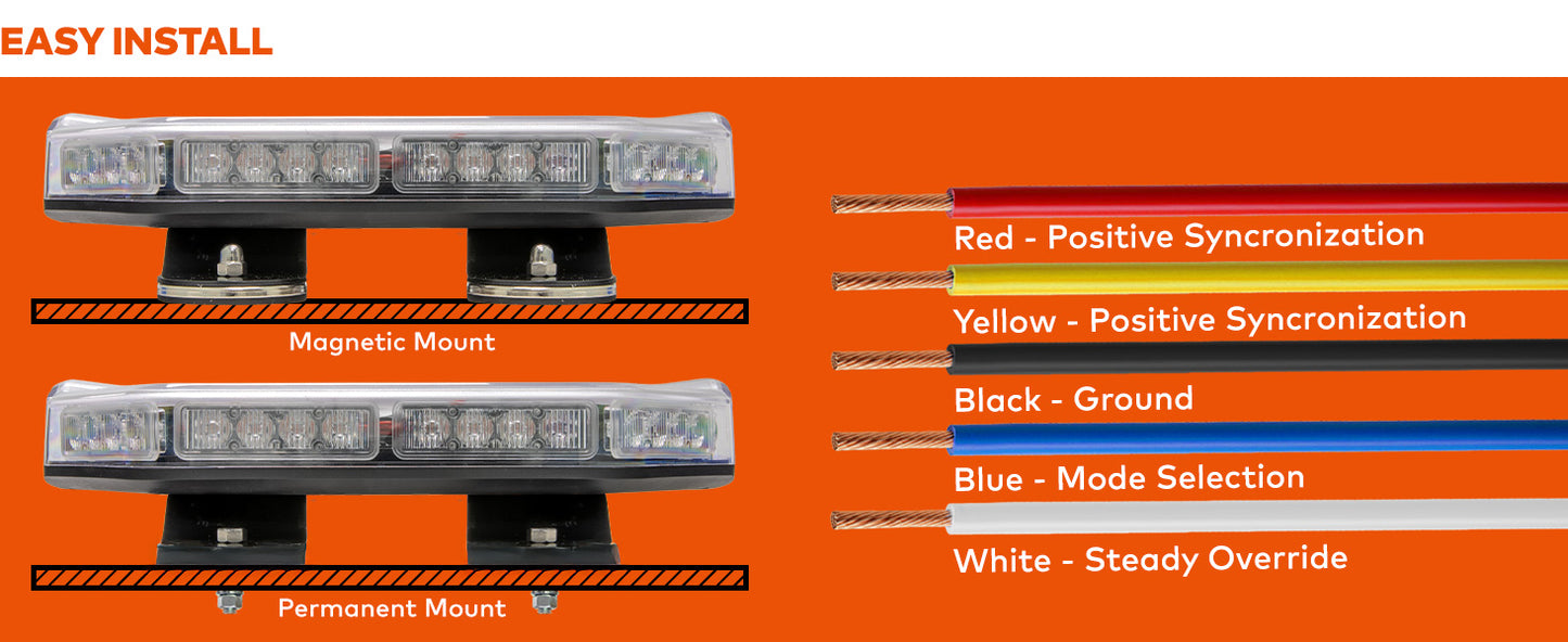 Light bar with color-coded wiring diagram on an orange background