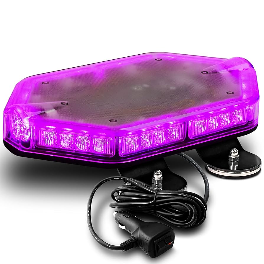 Purple emergency light bar with suction cups and power cable on a white background