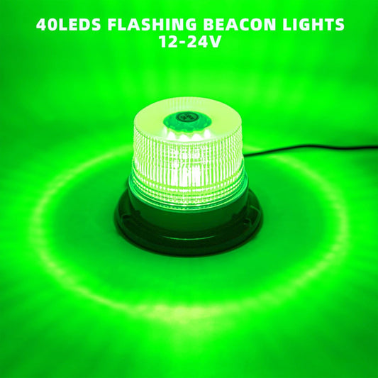 Green flashing beacon light with text indicating LED count and voltage on a green background