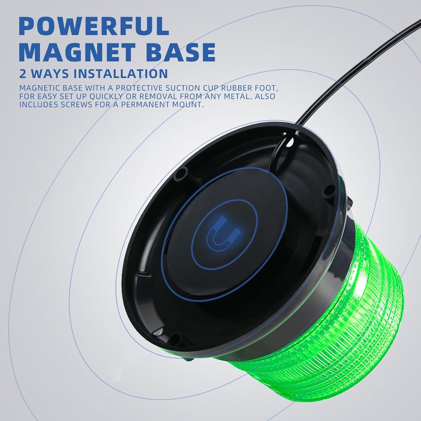 Green light with a black magnetic base on a white background