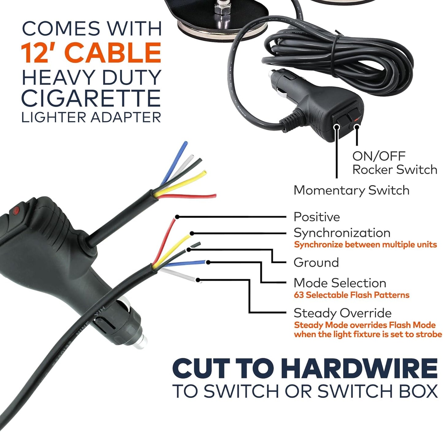 Heavy-duty cigarette lighter adapter with wiring diagram and specifications on a white background