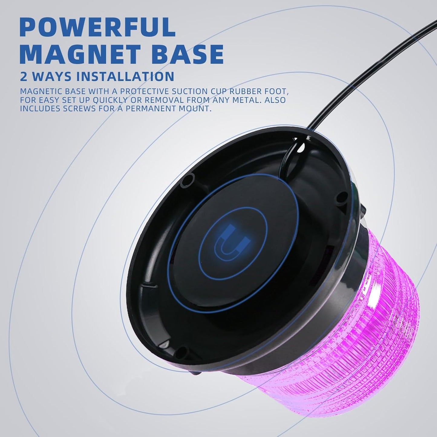 Magnetic base with purple light on a white background, featuring text about installation methods.