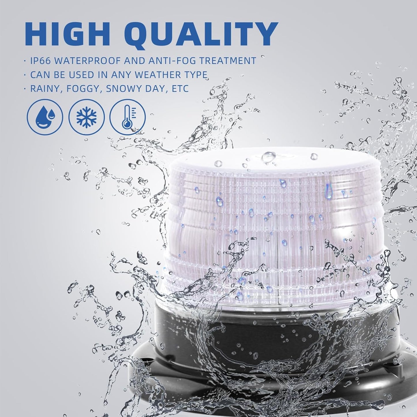 Waterproof light with water splashes on a gray background, featuring text about its weather resistance.