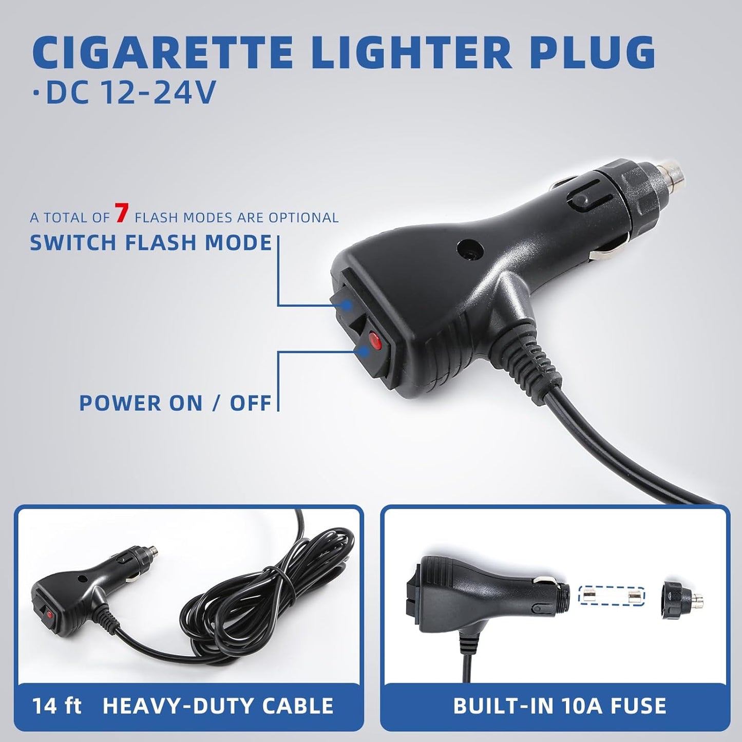 Cigarette lighter plug with features highlighted on a white background