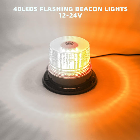 Flashing beacon light with 40 LEDs on a gradient background, featuring text indicating voltage range.