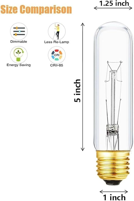 Clear light bulb with dimensions and features on a white background
