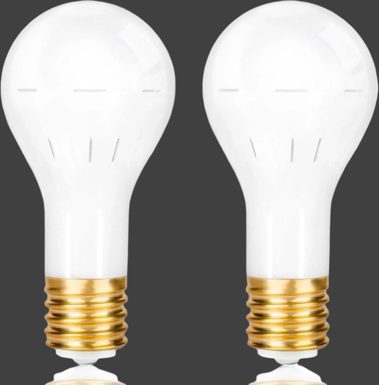 Two clear light bulbs with gold bases on a white background