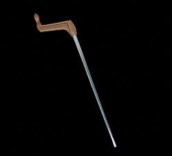 Long metal rod with a brown handle on a white background