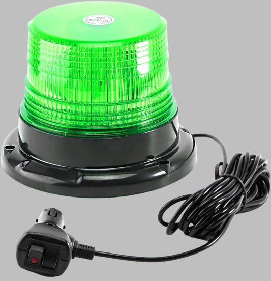 Green rotating beacon light with power cord on a white background