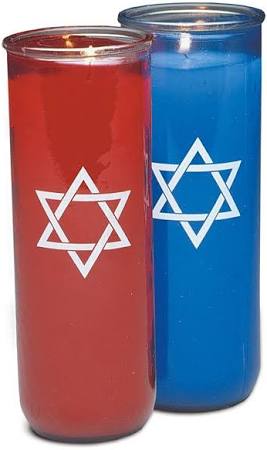 Case of 12 seven-day memorial candles with Star of David for Jewish shiva and yahrzeit rituals in blue, red, and white glass