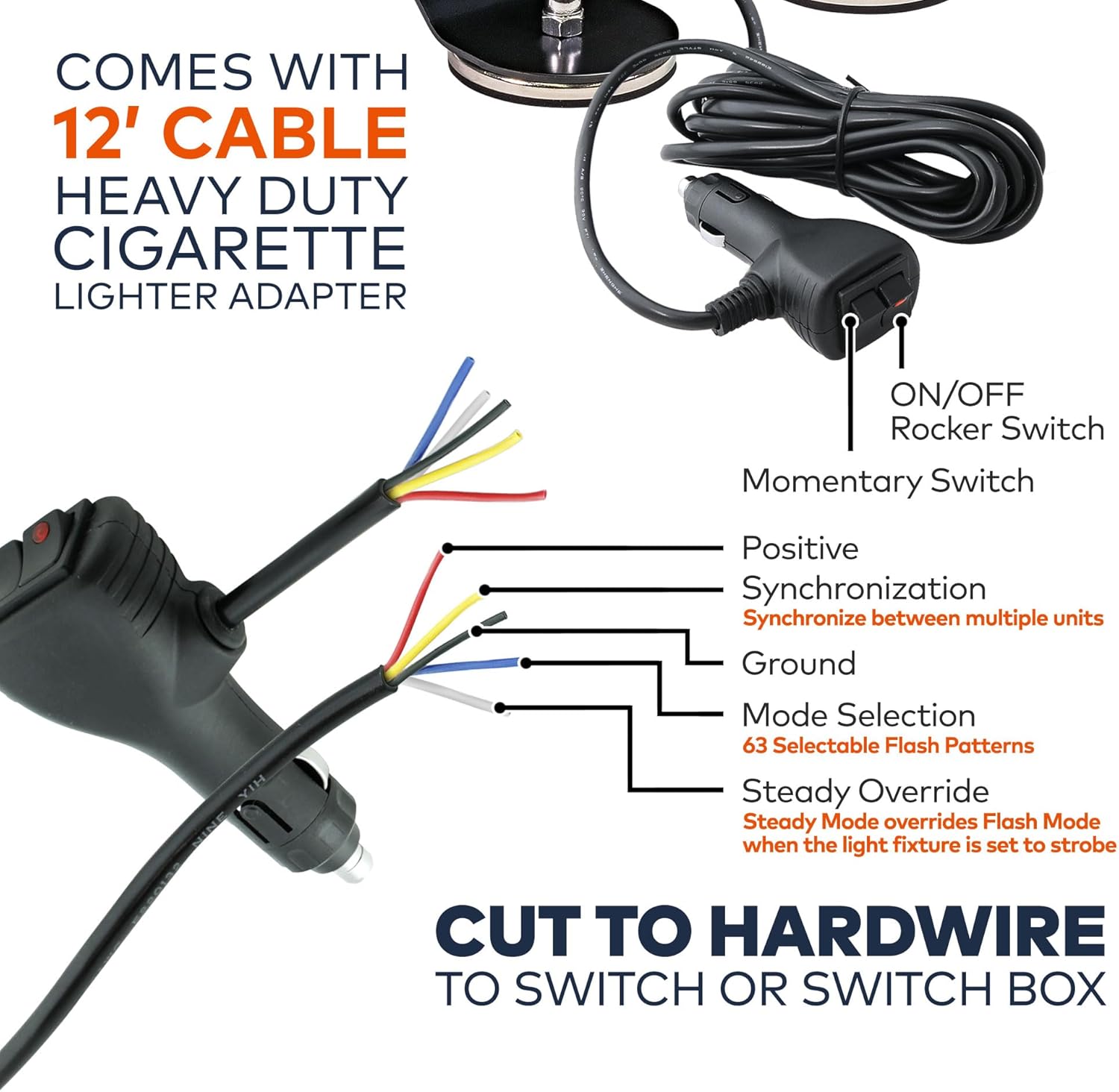 Heavy-duty cigarette lighter adapter with wiring diagram and specifications on a white background
