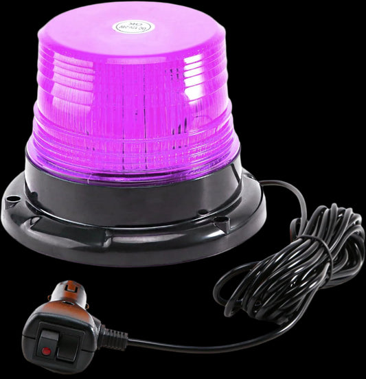 Purple warning light with black base and power cord on a white background