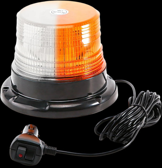 Orange and white warning light with black power switch and cable on a white background