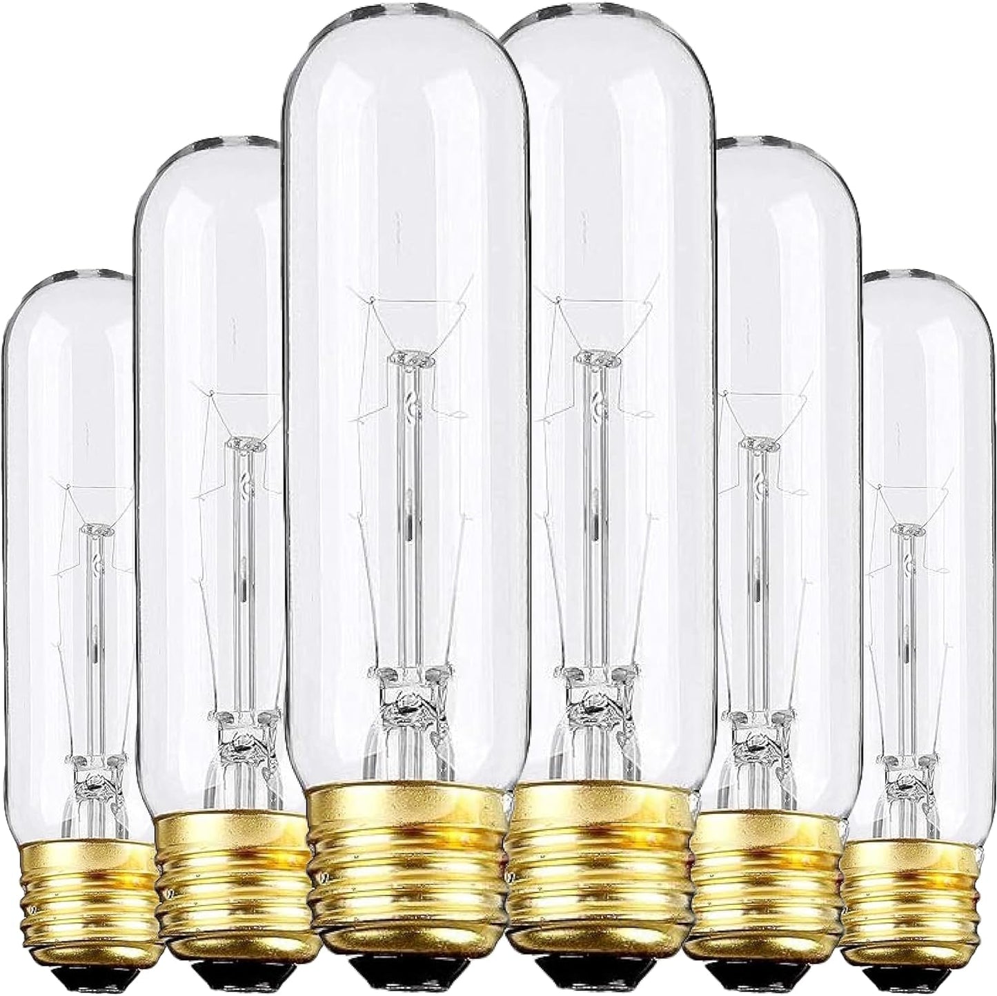 Set of six clear light bulbs with gold bases on a white background