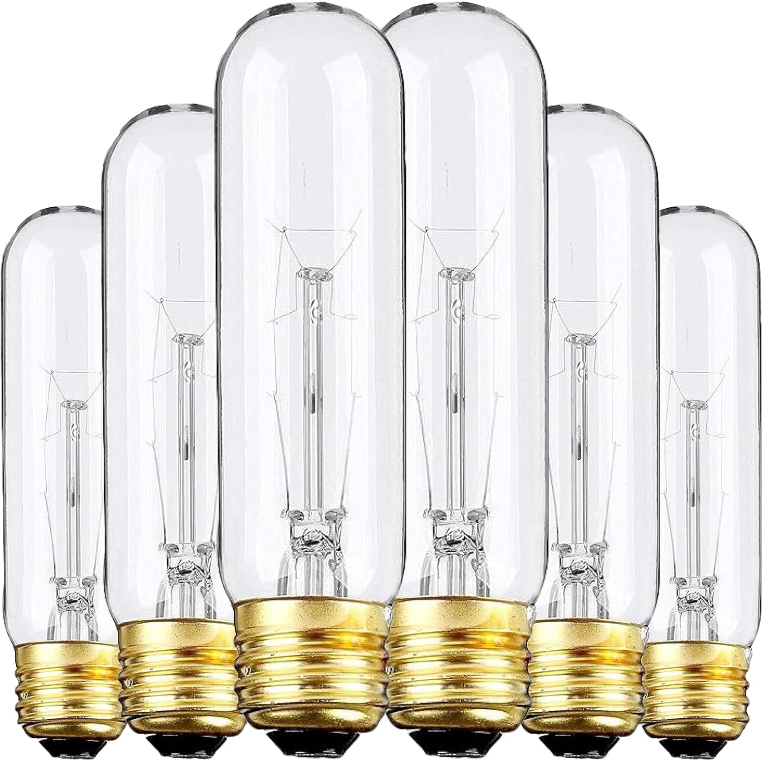 Set of six clear light bulbs with gold bases on a white background