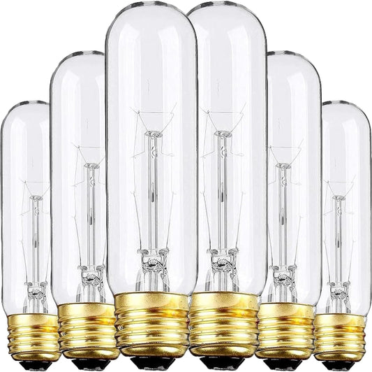 Set of six clear light bulbs with gold bases on a white background